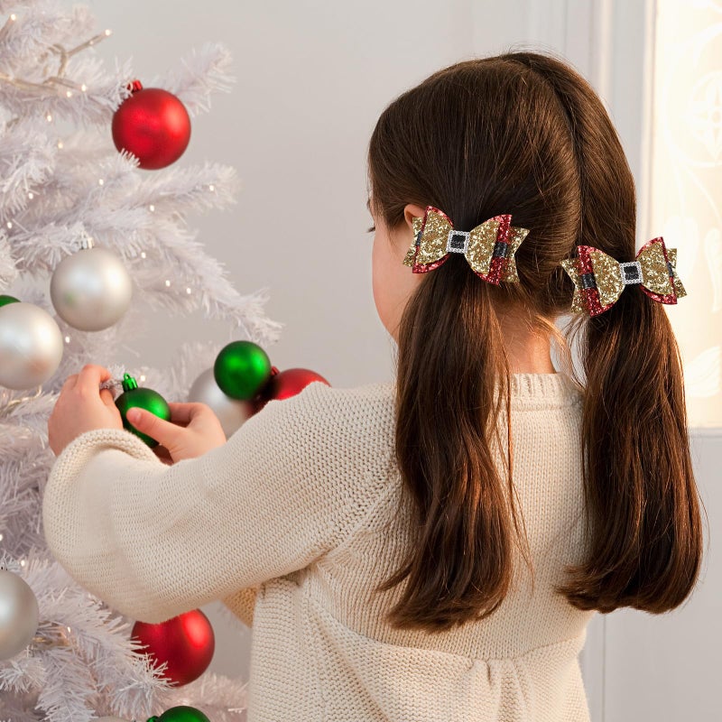 Miroksh Christmas Holiday Hair Bows for Girls Women 3.5” Glitter Sparkling Gold Rhinestones Alligator Clip Santa Cheer Barrettes New Year Party Dress Décor Accessories Kids Xmas Gift - Image 3